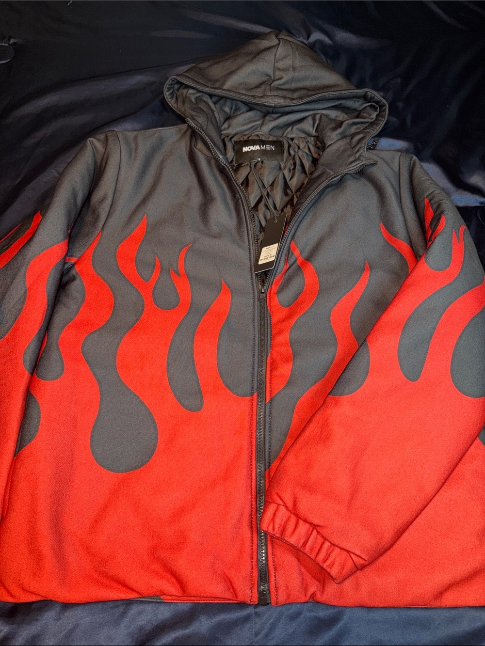 Men's Flame Print Hooded Jacket - Red & Black. Side Pockets, One Inside Pocket